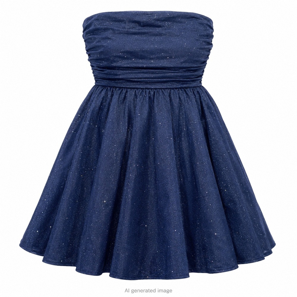 Cider Dress Women M Navy Glitter Strapless Ruched Bow Back Skater Mini